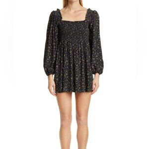 Ganni Floral Print Smocked Minidress Size 6 Long Balloon Sleeve Smocked Dress